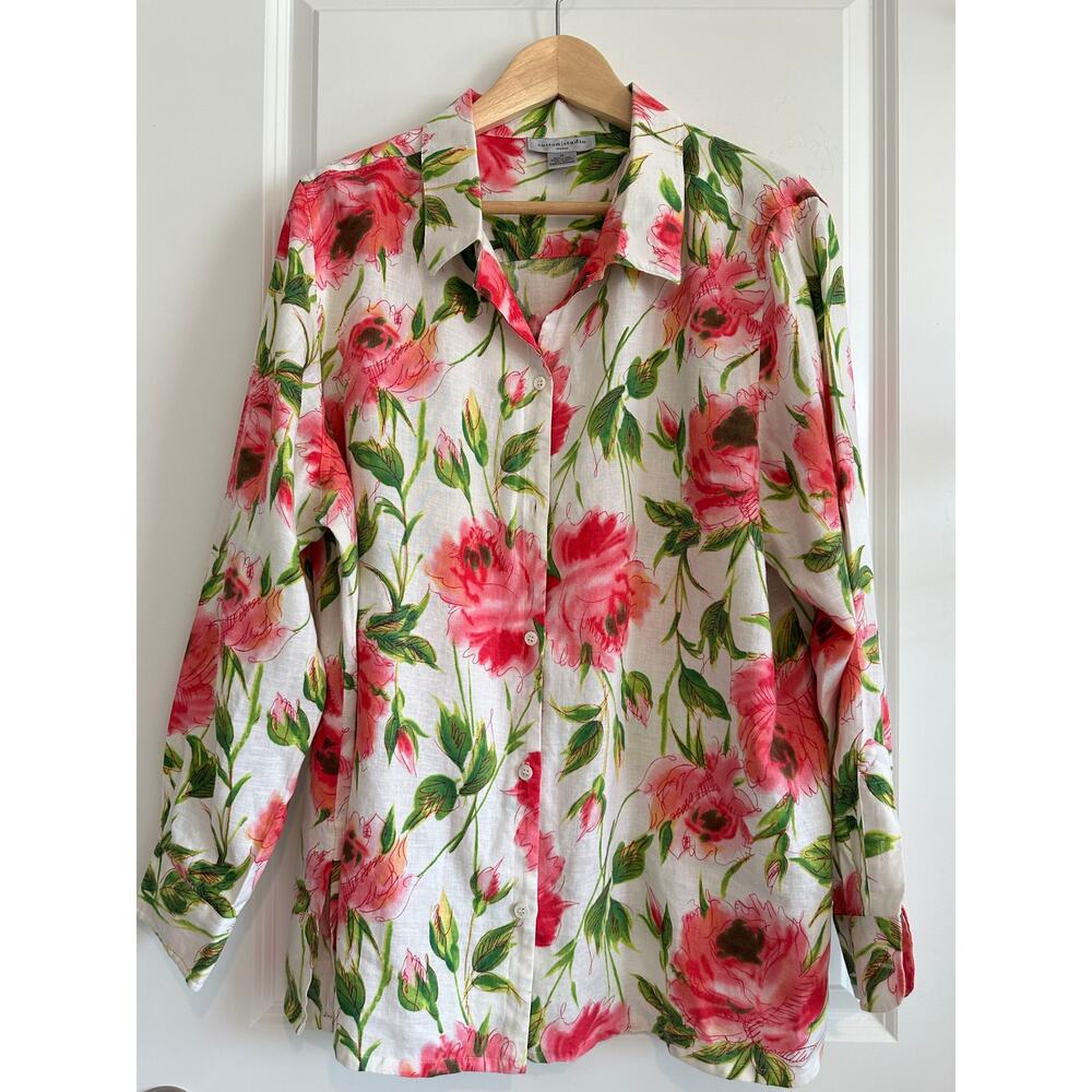 🌺 Sutton Studio 1X 100% Linen Floral Button Down Pink Poppy Shirt